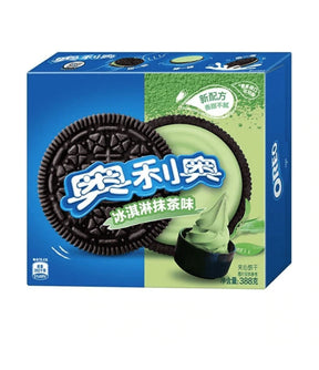 A box of Oreo biscuits with matcha flavor, showing the cookies, green tea, and the text indicating the flavor and brand.