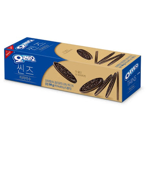 Oreo Thins packaging with blue and beige design on a white background