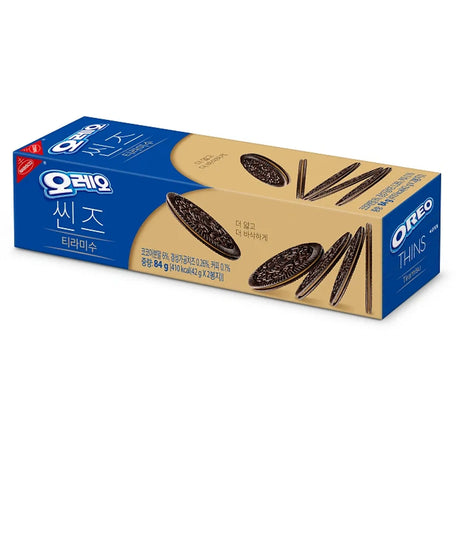 Oreo Thins packaging with blue and beige design on a white background