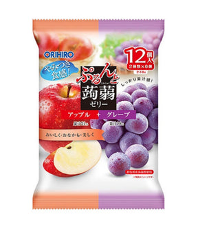Packaging for Orihiro Konjac Jelly featuring images of apples and grapes, indicating the flavor of the product.