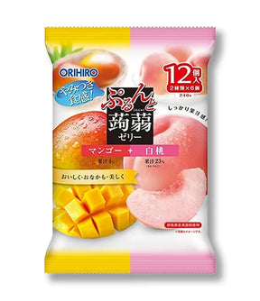 Packaging for Orihiro Konjac Jelly in Mango & Peach flavor, displaying the product and its name in Japanese, with images of mangoes and peaches.