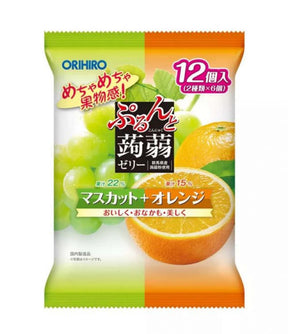 A package of Orihiro Konjac Jelly featuring images of muscat and orange, indicating the flavor of the snack.