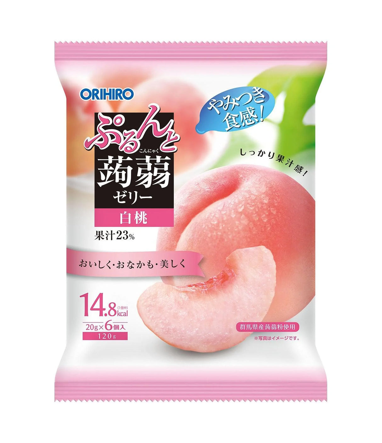 A package of Orihiro Konjac Jelly with peach flavor, displaying images of the product and peach fruits, against a pink background.