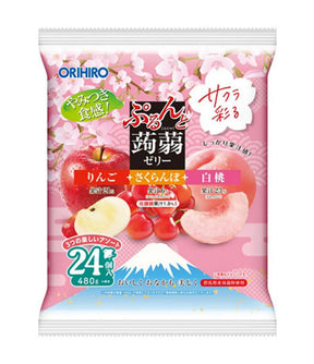 Orihiro fruit-flavored gel packaging featuring pink cherry blossom graphics, red and pink fruits, and Japanese text on a white background.