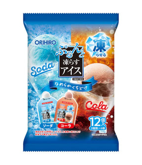 Orihiro Soda Freeze Ice snack package featuring orange soda and cola flavors, with Japanese text and illustrations of ice cubes and bottles on a blue background.
