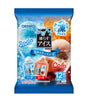 Orihiro Soda Freeze Ice snack package featuring orange soda and cola flavors, with Japanese text and illustrations of ice cubes and bottles on a blue background.
