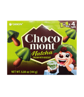 Box of Orion Choco Mont Matcha cream with biscuit on a white background