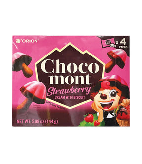 Box of Orion Choco mont Strawberry Cream with Biscuit on a white background