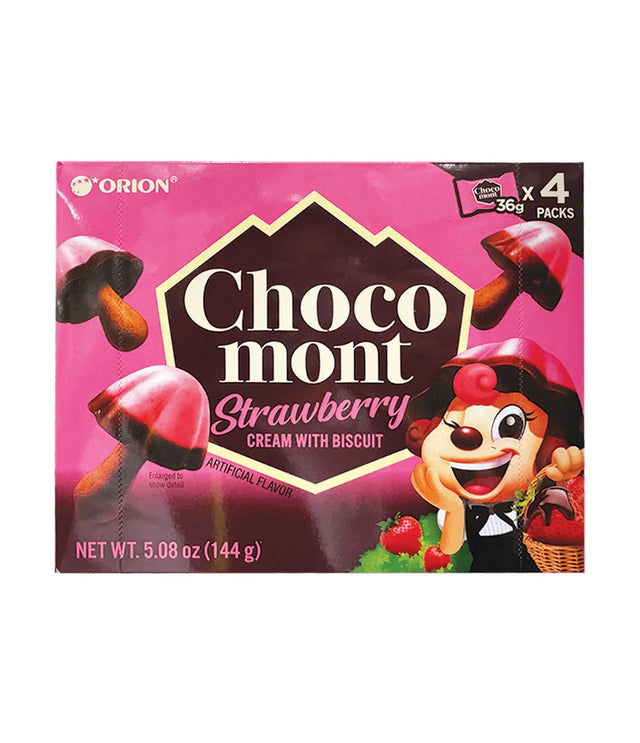 Box of Orion Choco mont Strawberry Cream with Biscuit on a white background