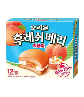 Packaging for Orion Fresh Berry Pie (Peach) showing the product name, image of the pie, and the number of pieces, against a blue background.