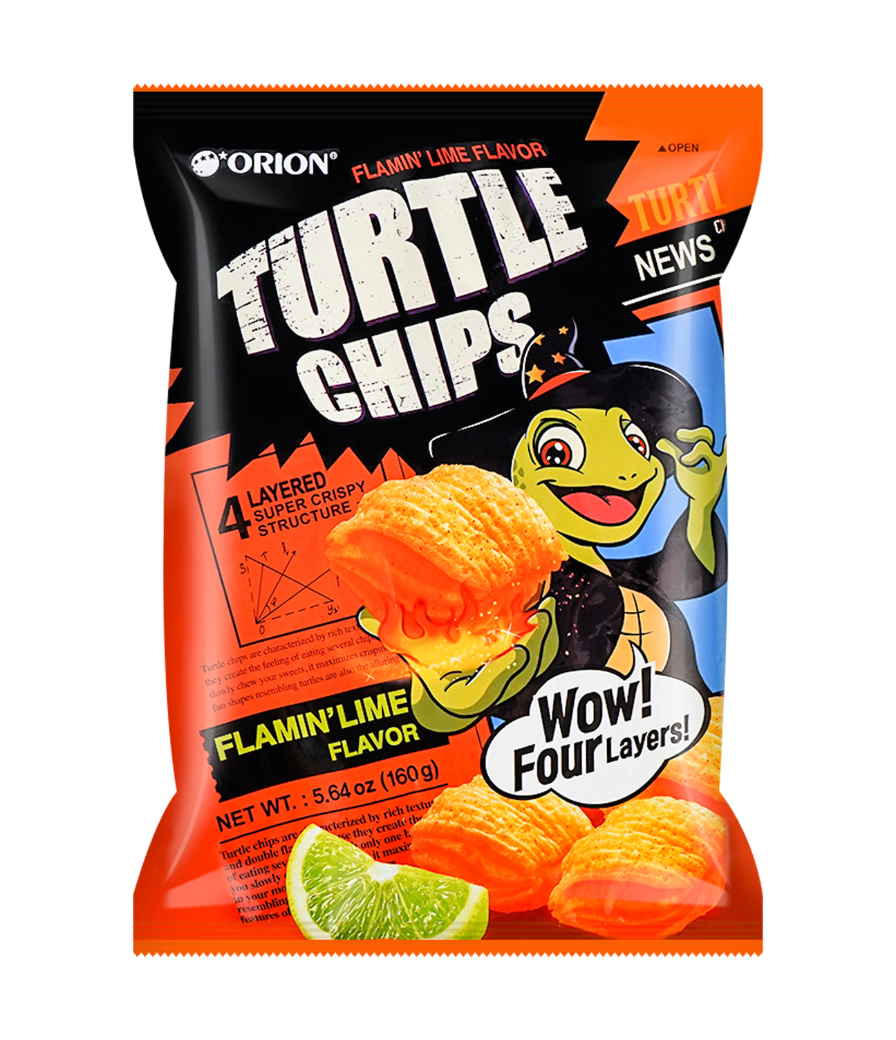 A package of Orion - Kkobuk Turtle Chips in Flamin' Lime Flavour, with an illustration of a turtle and chips on the front.