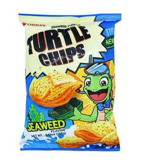 A package of Orion - Kkobuk Turtle Chips with seaweed flavor, featuring animated turtle characters and chips illustrated in bright colors.