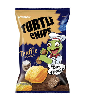 A package of Orion - Kkobuk Turtle Chips with Truffle Flavour, showing the chips and a cartoon turtle character.