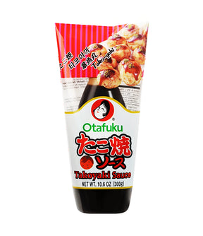 A bottle of Otafuku Takoyaki Sauce with Japanese text and a picture of the sauce applied to takoyaki, against a white background.