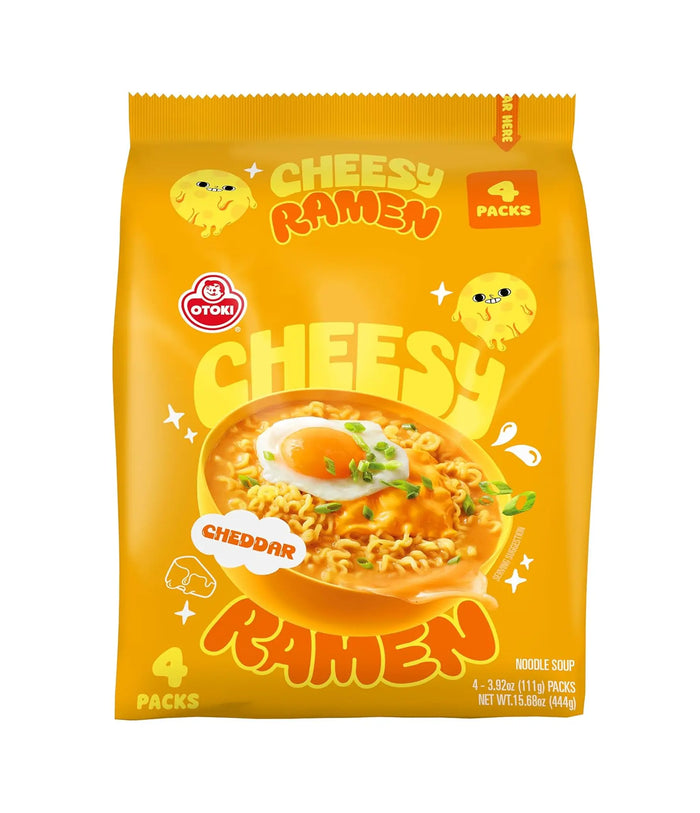 Cheesy Ramen package with a cartoon illustration of ramen and cheese on a white background