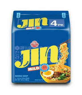 Packaging of Jin Mild noodle soup with blue background and yellow text
