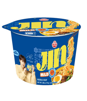 Cup of Jin Mild Noodle Soup with branding and product details on a white background
