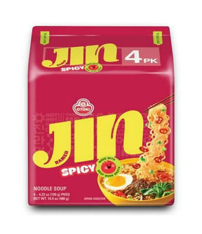 Packaging of Jin Spicy noodle soup with red background and yellow text
