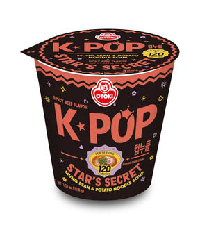 K-Pop Star's Secret noodle soup cup with black and red design on a white background