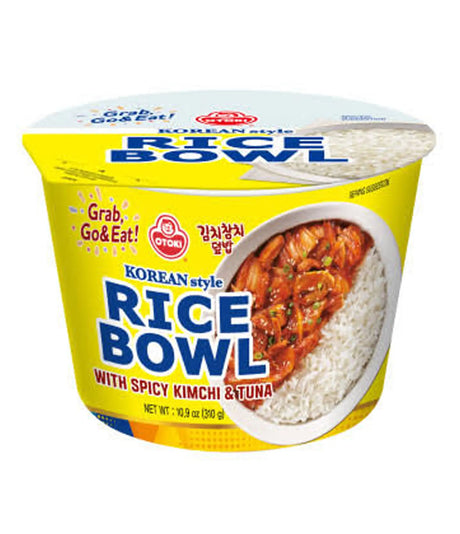 A cup of OTOKI Korean Style Rice Bowl with Spicy Kimchi & Tuna, featuring a bright yellow container with a clear lid showing the prepared rice and spicy tuna inside.