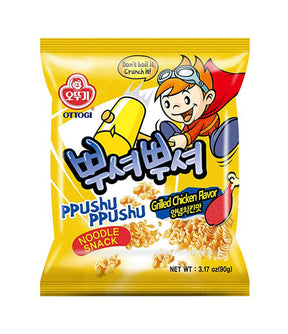 Packaging for Ottogi Ppushu Ppushu Noodle Snack in Grilled Chicken Flavor, featuring a cartoon character and chicken images on a yellow background.
