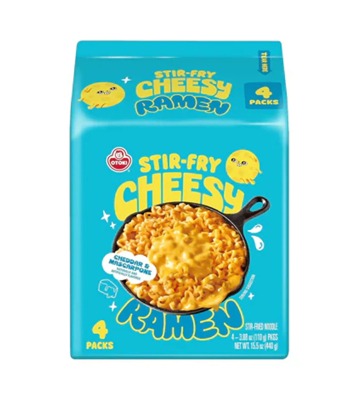 Packaging of Stir-Fry Cheesy Ramen with a blue background