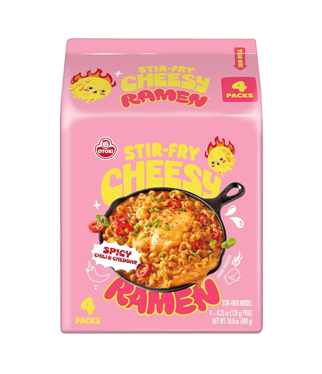 Pink package of stir-fry cheesy ramen with a bowl of noodles on a white background