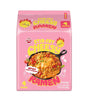 Pink package of stir-fry cheesy ramen with a bowl of noodles on a white background