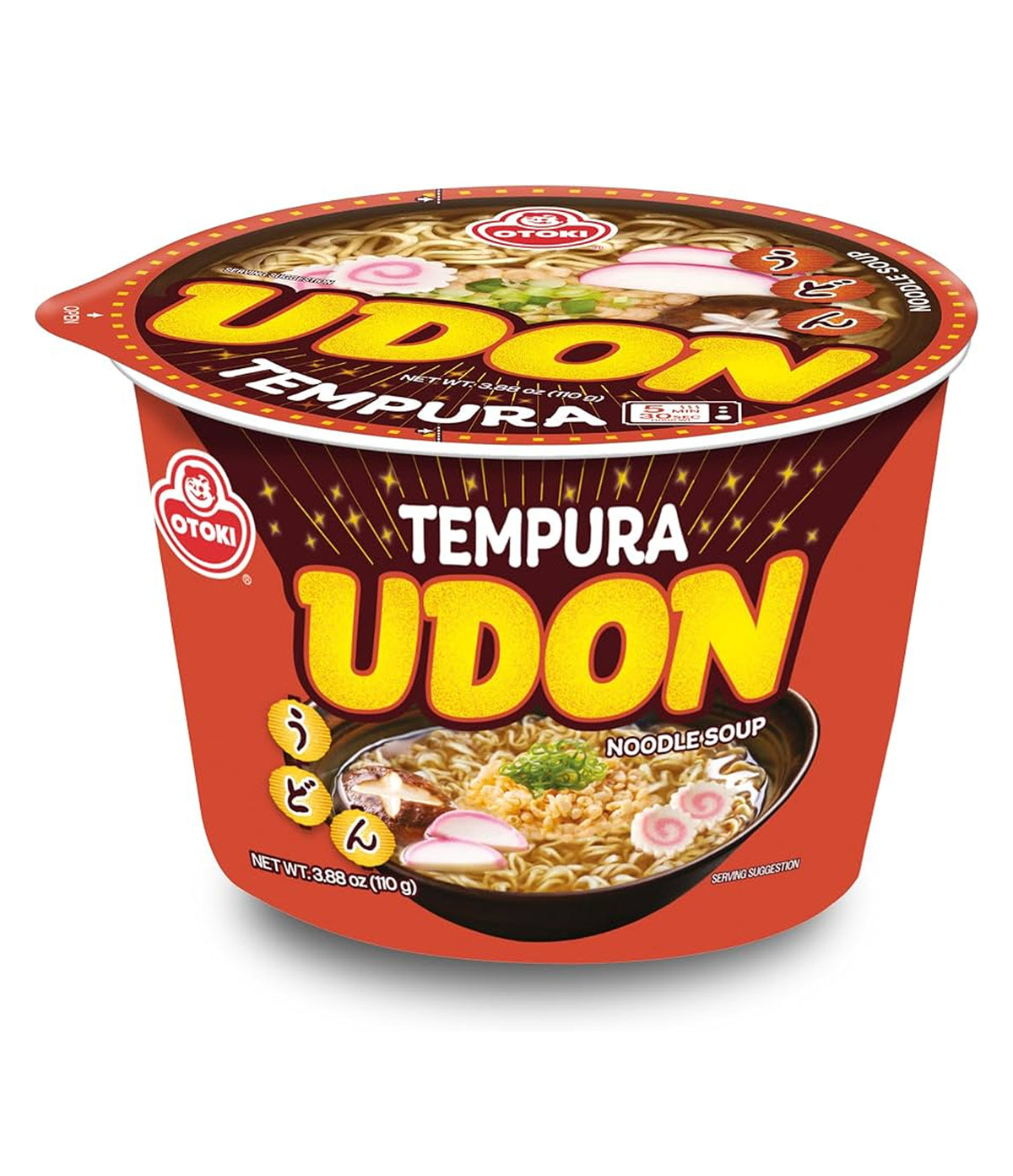 A cup of Otoki Tempura Udon Noodle Soup on a clean white background. The packaging is predominantly red with bold yellow text and a bowl of prepared noodles pictured on the front.
