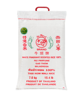 A bag of Ox Head Brand White Fragrant/Scented Rice, 7kg, with product labels and branding in English and Thai.