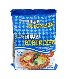 Packaging for Paldo Bibim Men instant noodles, showing the product name and a picture of the noodles with vegetables and an egg.