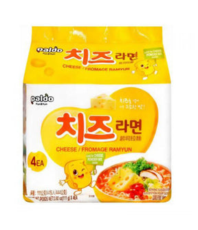 Packaging for Paldo Cheese Ramyun, showing the product name, image of the noodles, and the number of packs included.