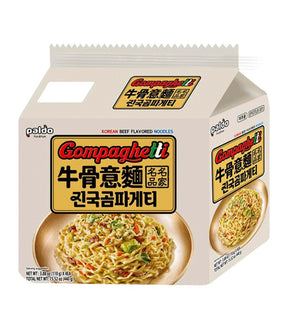 Packaging for Paldo Gompaghetti Korean Beef Flavored Noodles showing the product name, image of the noodles, and additional information.
