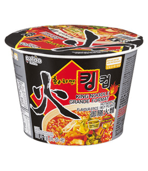 A cup of Paldo Hot & Spicy Noodle Soup (Hwa Ramyun) with packaging that displays the product name, weight, and spicy branding.