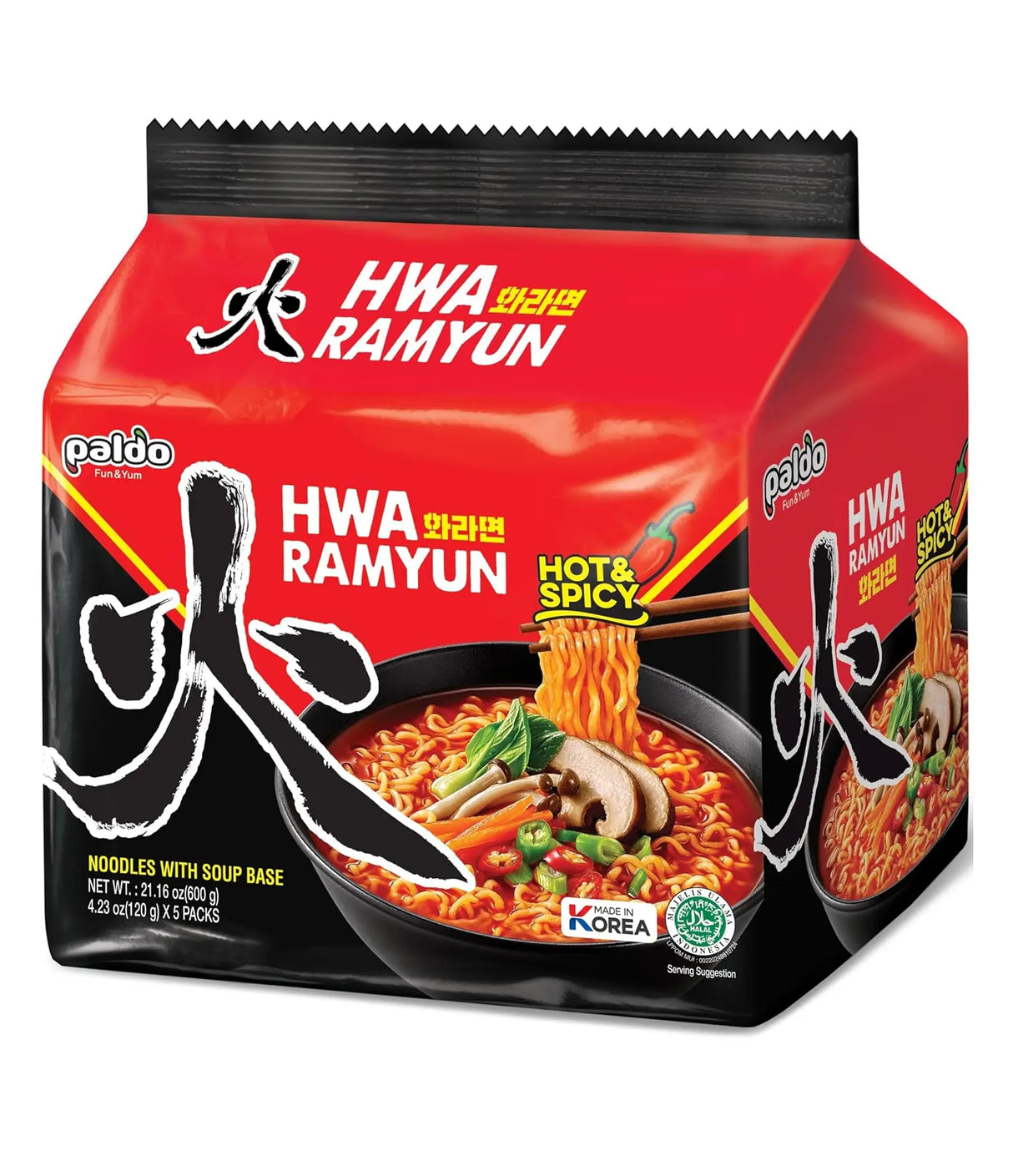 Hwa Ramyun noodles packaging with a red background and black lid.