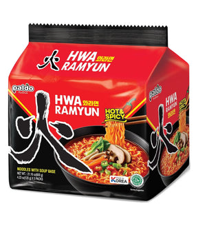 Hwa Ramyun noodles packaging with a red background and black lid.