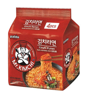 Packaging for Paldo Kimchi Ramen showing the product name, quantity, and an image of the noodles with kimchi.