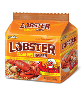 Packaging for Paldo Lobster Ramen Noodle Soup showing the product name and an illustration of a happy cartoon lobster character.