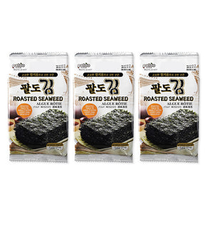 Three packages of Paldo Roasted Seaweed, each package contains 5g of product.