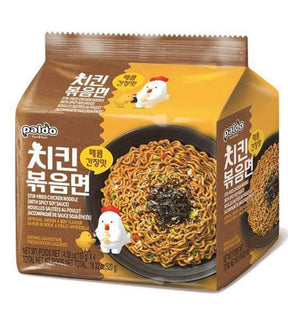 Packaging for Paldo Stir-Fried Chicken Noodle with Spicy Soy Sauce, showing the product name, image of the noodles with soy sauce and chicken, and the weight of 130g.