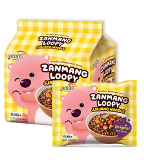 Two packages of Zanmang Loopy Jjajang Noodle with a cartoon bear character on a white background.