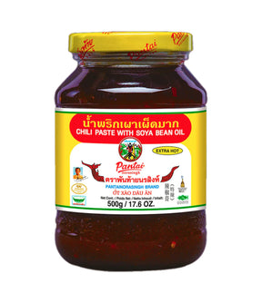 A jar of Pantai Chili Paste with Soya Bean Oil, 500g size, with label information in Thai and English.