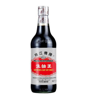 A bottle of Pearl River Bridge Superior Light Soy Sauce 500ml, showing the label and cap against a white background.
