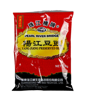 Packaging of Pearl River Bridge Yang Jiang Preserved Beans 250g, with product visible through a clear window.
