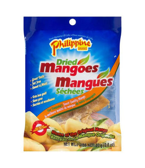 A bag of Philippine Brand Dried Mangoes (Mangues Séchees) on a plain white background. The packaging is primarily blue with orange and red text, and shows pictures of the golden-yellow dried mango slices.