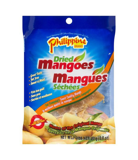 A bag of Philippine Brand Dried Mangoes (Mangues Séchees) on a plain white background. The packaging is primarily blue with orange and red text, and shows pictures of the golden-yellow dried mango slices.