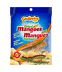 A bag of Philippine Brand Dried Mangoes (Mangues Séchees) on a plain white background. The packaging is primarily blue with orange and red text, and shows pictures of the golden-yellow dried mango slices.