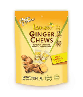 Packaging of Prince of Peace Lemon Ginger Chews, showing the product name, ginger roots, and the net weight of 4 oz/113g.