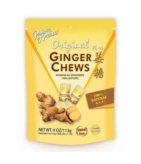 A package of Prince of Peace Original Ginger Chews 113g, with an image of ginger roots and the product visible through a clear window.
