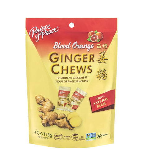 A 4 oz stand-up pouch of Prince of Peace Blood Orange Ginger Chews, featuring a red and pale yellow design with illustrations of ginger root and a small pack of the chews.